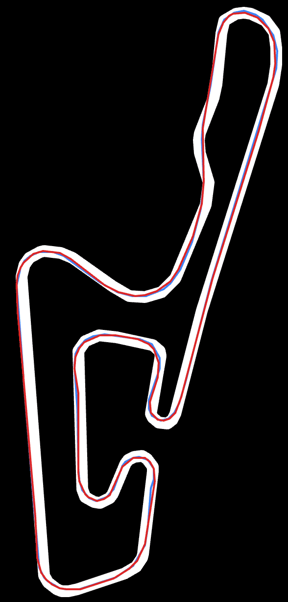 Track map showing two racing lines overlaid on a circuit outline, with blue for your lap and red for the best lap